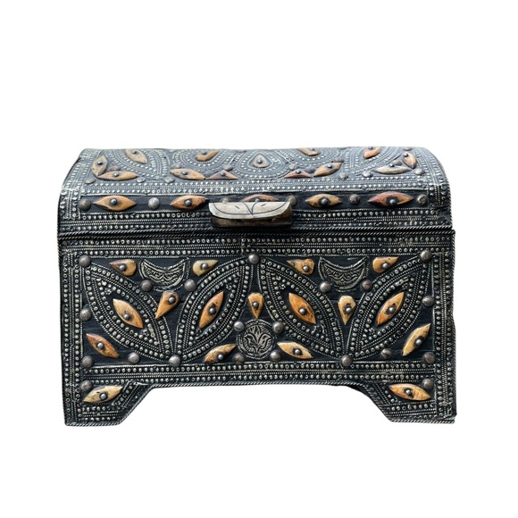 Antique Ornate Handcrafted Moroccan Evil Eye Wood Chest Decorative Box - Picture 2 of 15